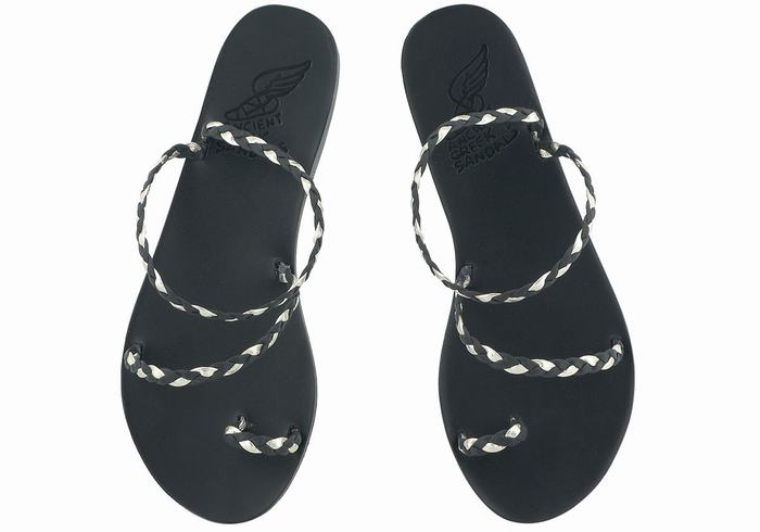 Plecione Sandały Damskie Ancient Greek Sandals Eleftheria Leather Czarne Złote Białe | CIT6014FV