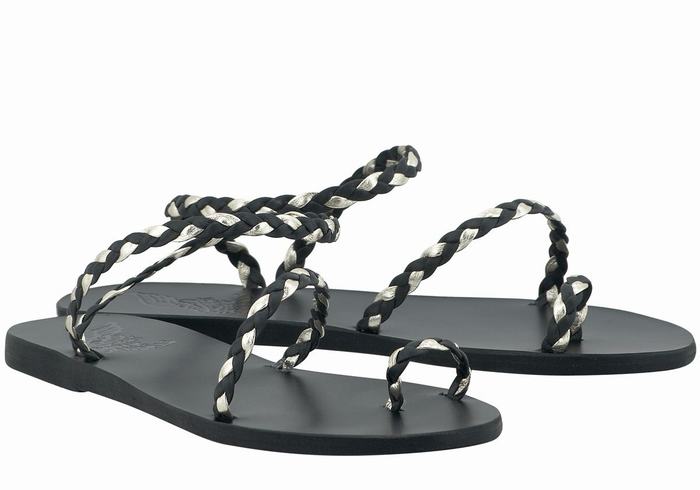 Plecione Sandały Damskie Ancient Greek Sandals Eleftheria Leather Czarne Złote Białe | CIT6014FV