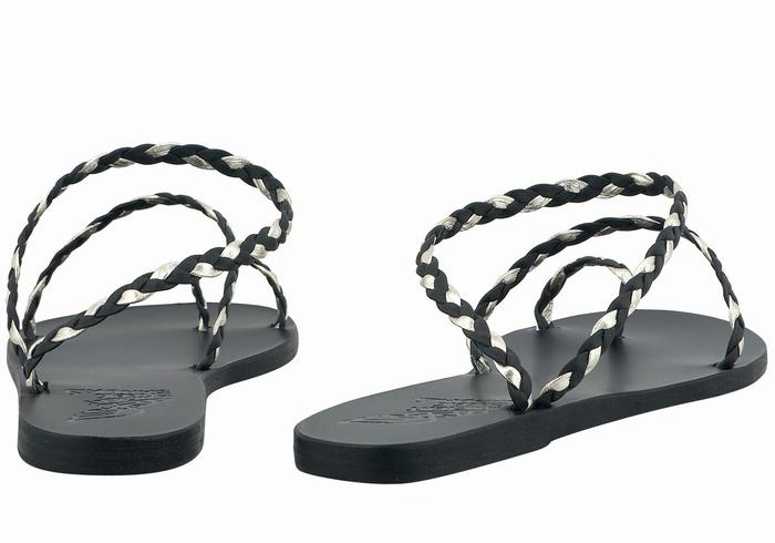 Plecione Sandały Damskie Ancient Greek Sandals Eleftheria Leather Czarne Złote Białe | CIT6014FV