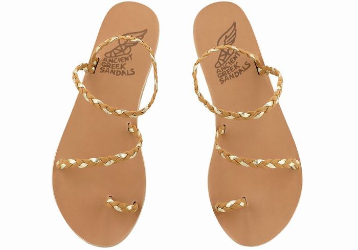 Plecione Sandały Damskie Ancient Greek Sandals Eleftheria Leather Beżowe Złote Białe | SZQ5141VH