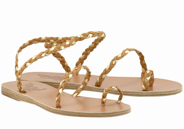 Plecione Sandały Damskie Ancient Greek Sandals Eleftheria Leather Beżowe Złote Białe | SZQ5141VH