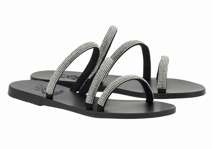 Sandały Do Wsuwania Damskie Ancient Greek Sandals Polytimi Diamante Srebrne Czarne | FCT4373SV